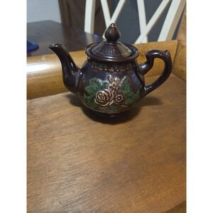 Japanese Moriage Teapot Brown Redware Raised Floral Enamel Gold Trim Vintage